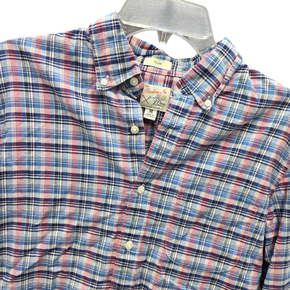 J.Crew Broken-In Oxford Slim Fit Plaid Button Down Shirt Blue Pink Mens Medium